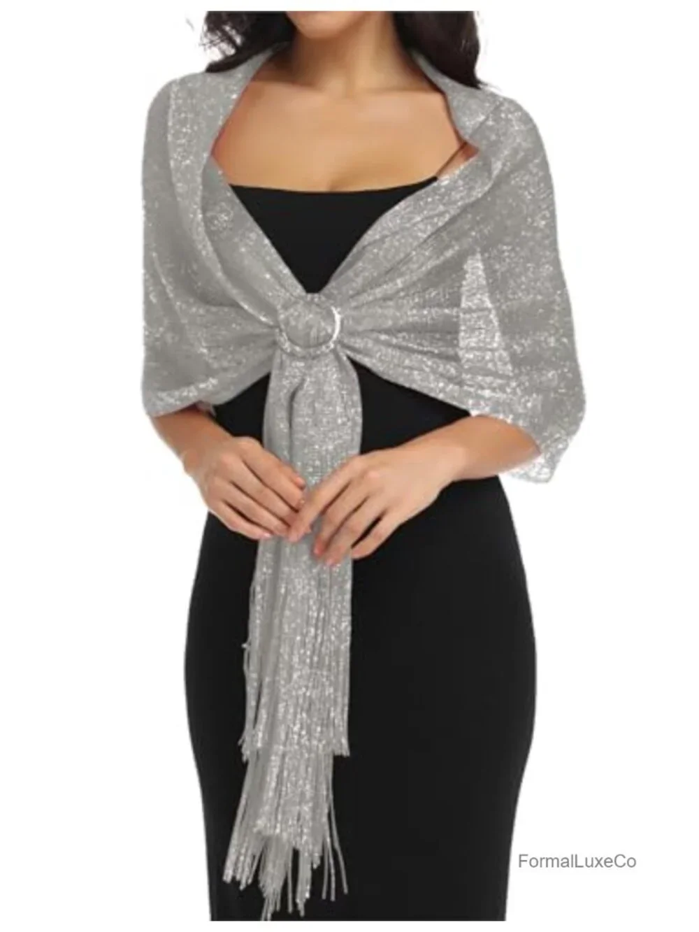 Women's Knit Wrap Shawl with Buckle Sparkling Evening Party Scarf